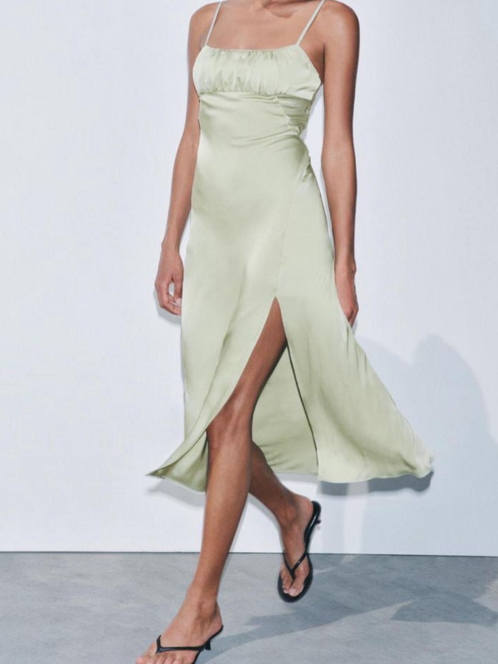 Zara Pale Green Satin Midi Slip Dress with Side Slit